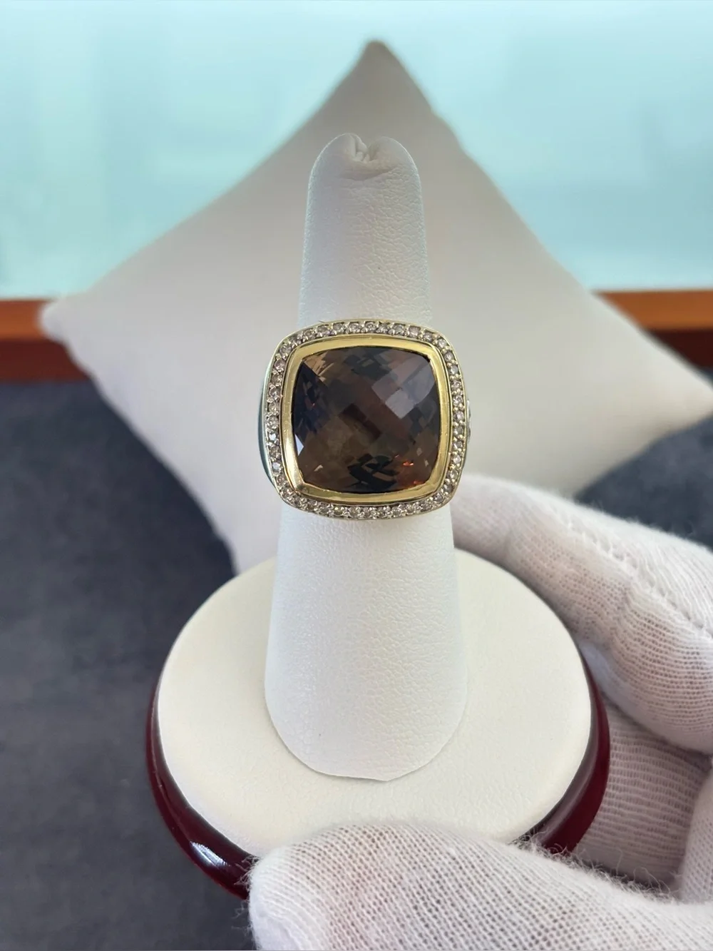 David Yurman 925 & 18k Gold 14mm Albion Ring with Smoky Quartz & Diamonds 7